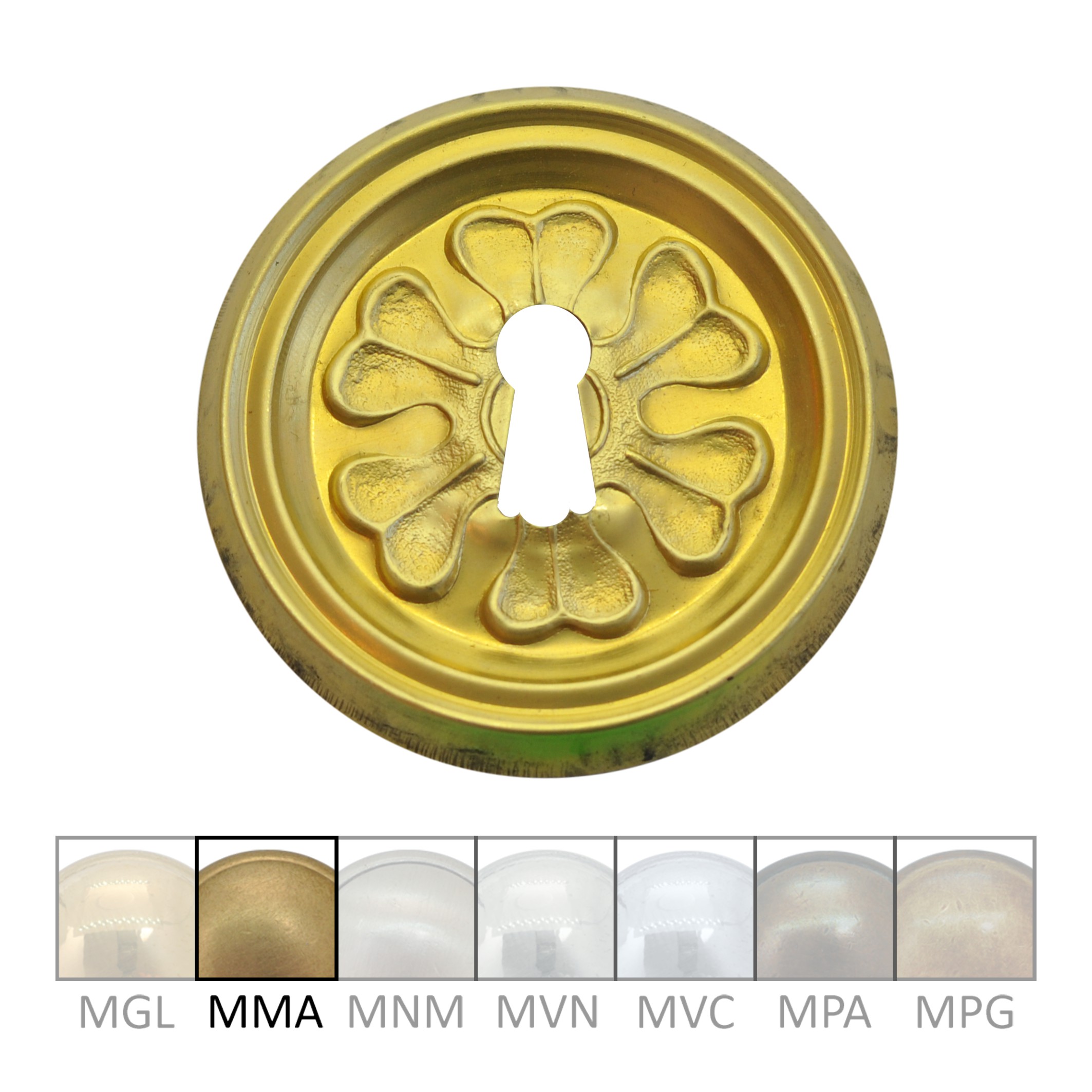 Möbelschild in Messing mit versch. Oberflächen und Ausführungen. D Klassizismus Möbelschild geprägt Messing MMA D60mm Schlüsselloch Serie KL093 Bild1
