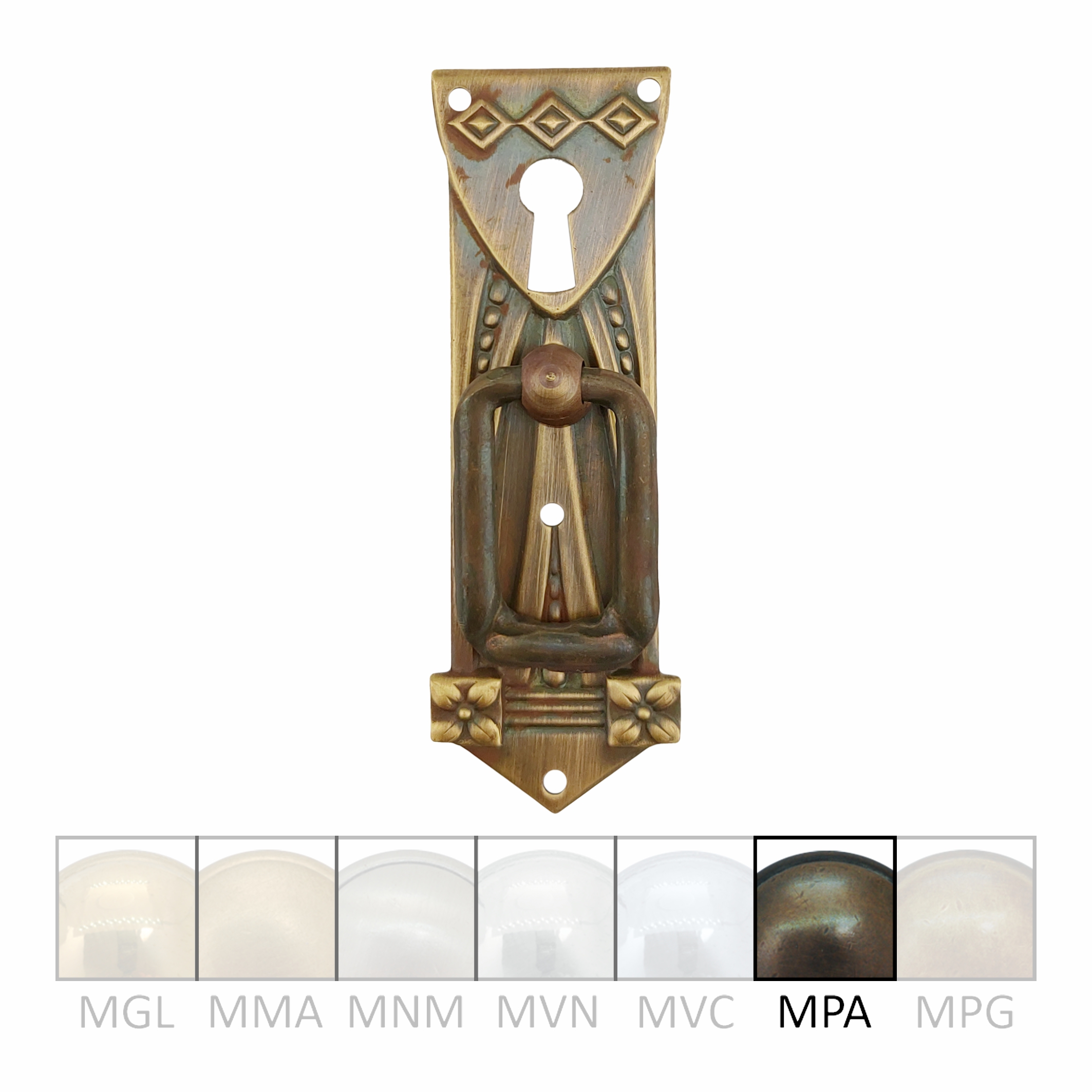 Jugendstil Möbelschild geprägt Messing MPA 27 x 80mm mit Griff und Schlüsselloch Serie JU010 Bild1