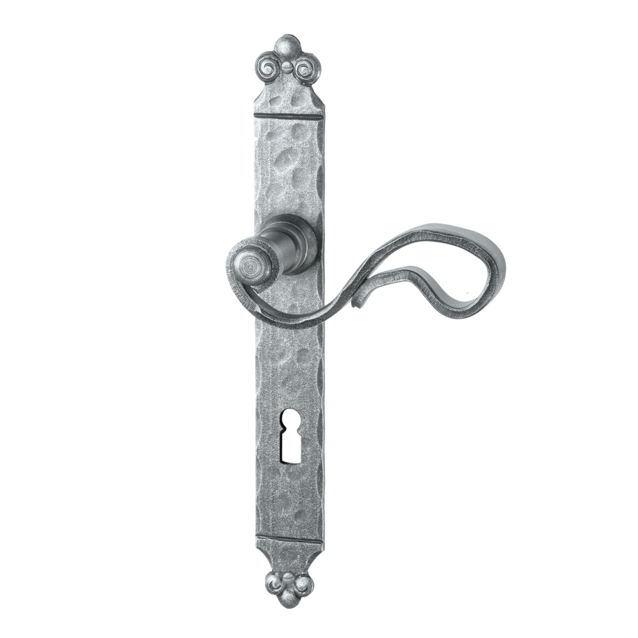 Zimmertürgarnitur in Eisen thermopatiniert ® (BB). Dist. 72 mm, 280x53 mm Bild1 Zimmertürgarnitur in Schmiedeeisen thermopatiniert ® BB 72 mit TD071 Serie TG514 Bild1