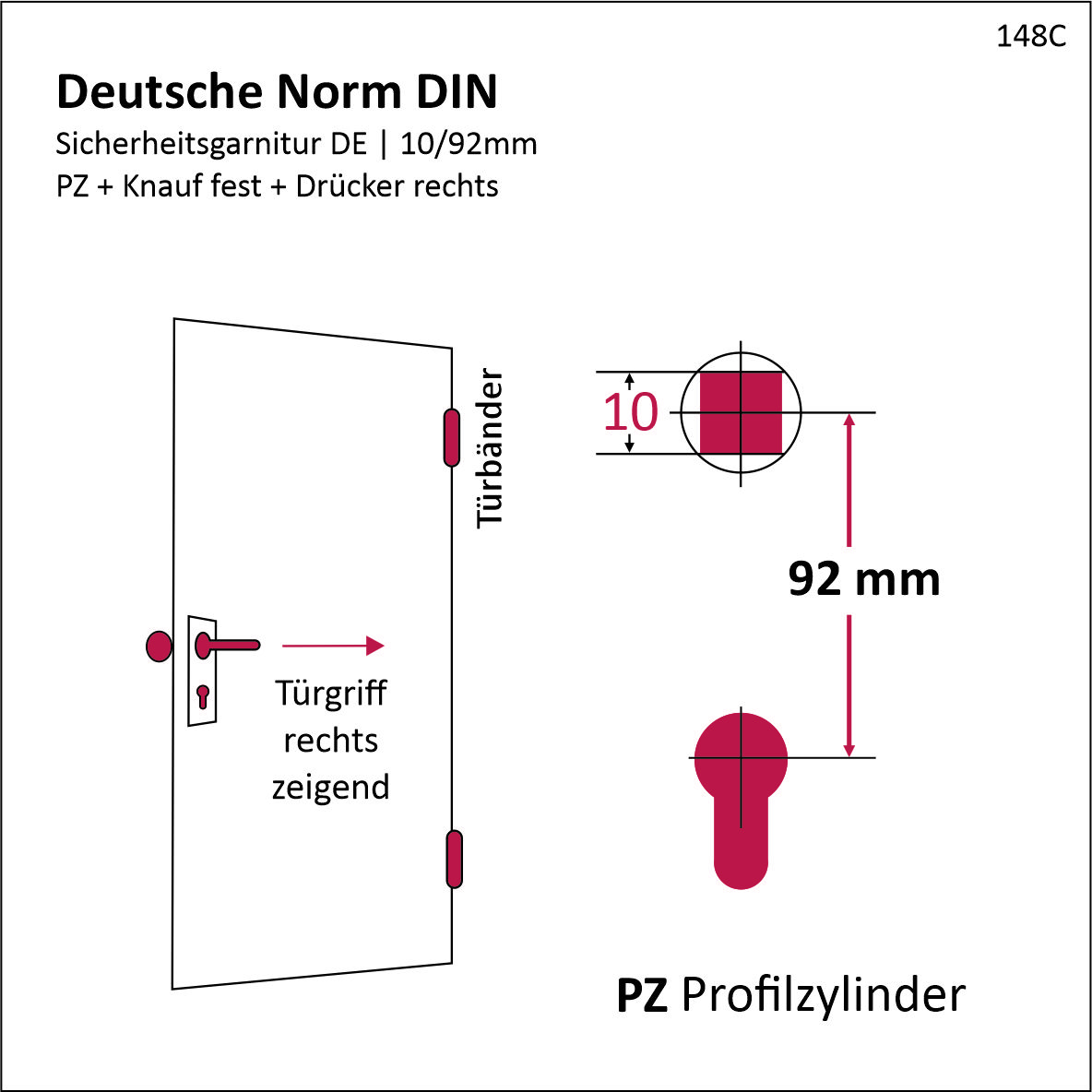 Sicherheitgarnitur PZ. Dist. 92 in Eisen. LxB Sicherheitgarnitur in Schmiedeeisen schwarz passiviert PZ 92 DIN RE mit TD052 Serie TG505 Bild2