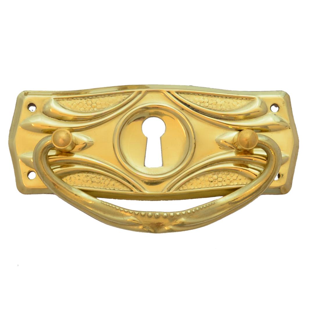 Jugendstil Möbelschild geprägt Messing MGL 90 x 38mm mit Griff und Schlüsselloch Serie JU017 Bild1