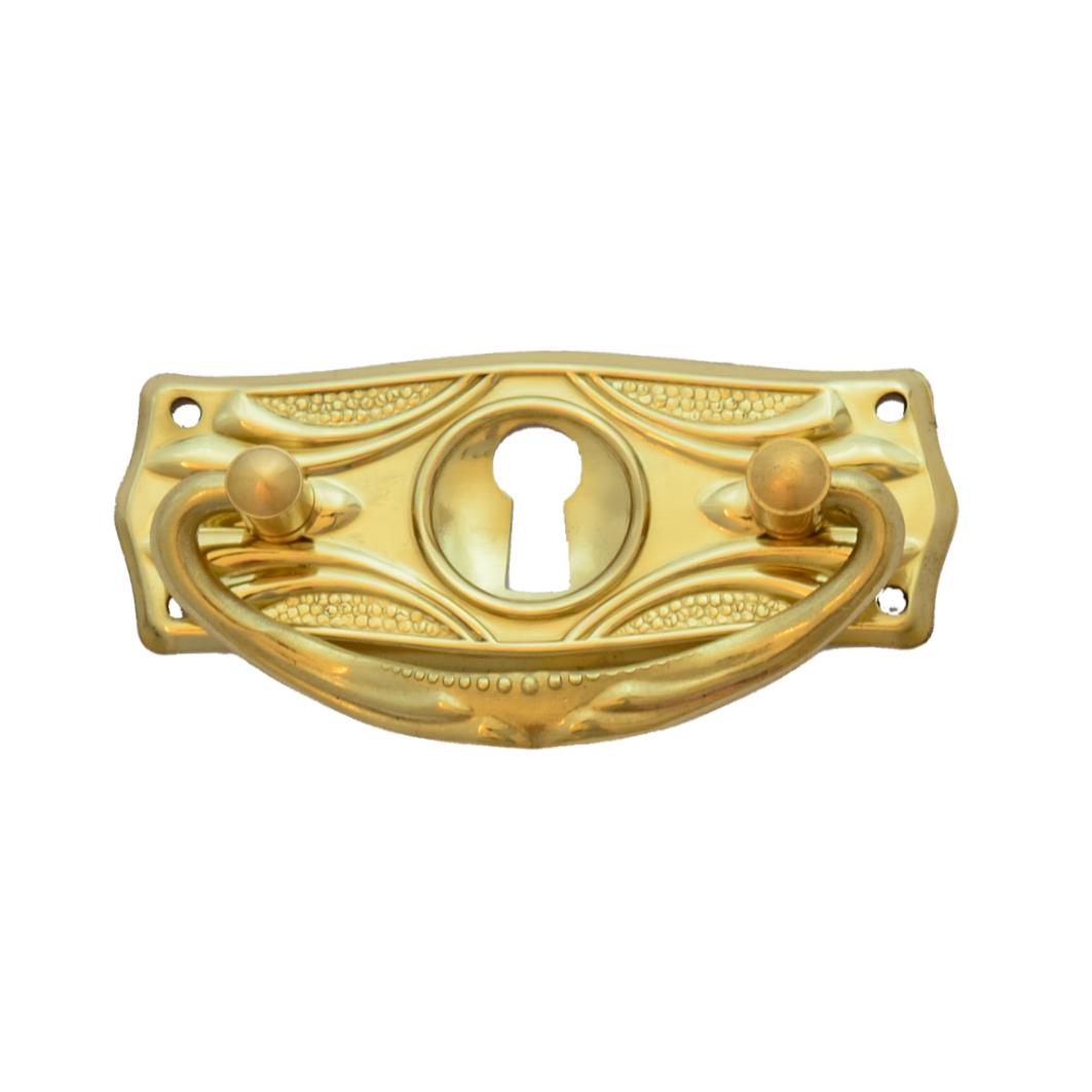 Jugendstil Möbelschild geprägt - Messing glänzend - 70 x 28 mm der Serie JU017 Bild1 Jugendstil Möbelschild geprägt Messing MGL 70 x 28mm mit Griff und Schlüsselloch Serie JU017 Bild1