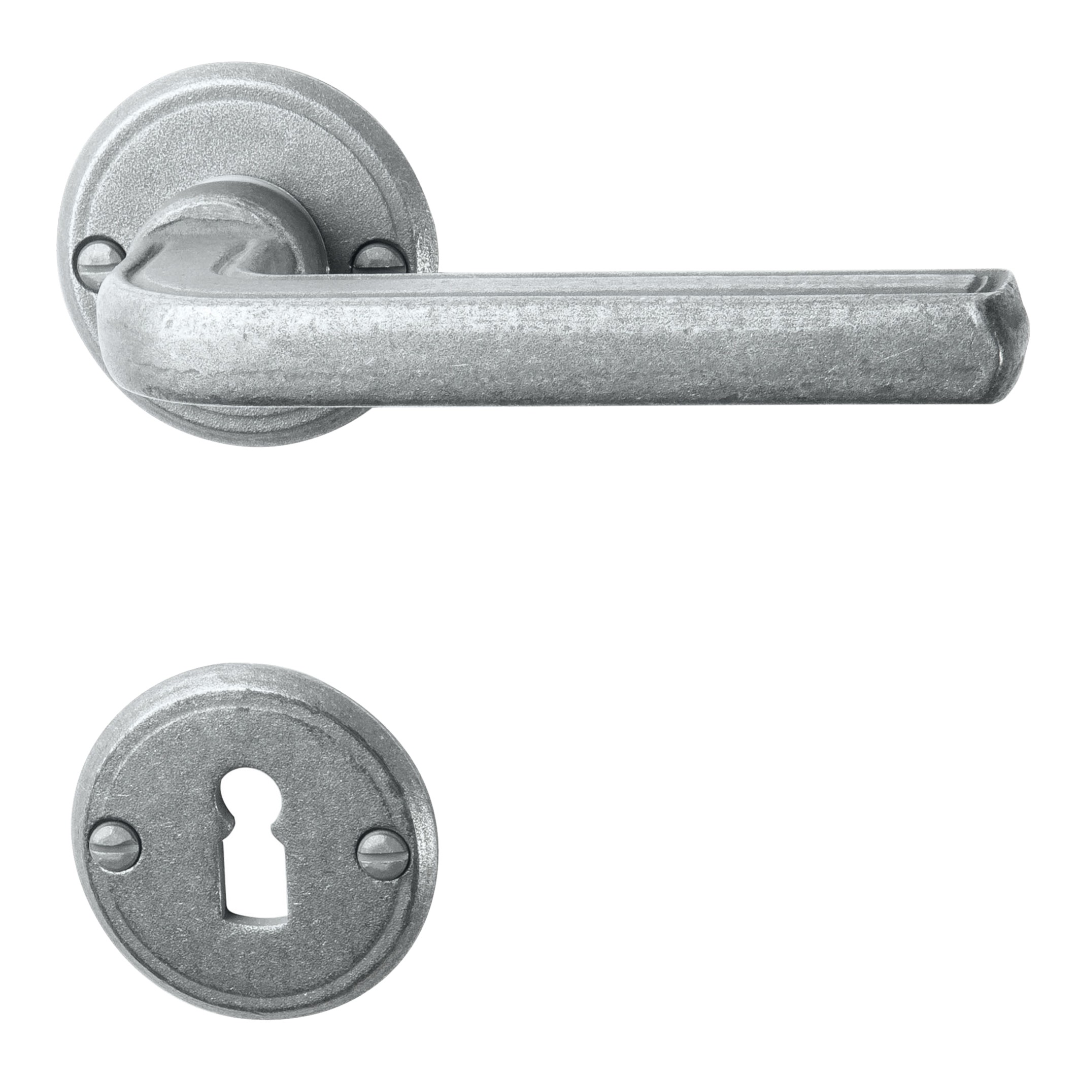 Rosettengarnitur in Eisen thermopatiniert ® (BB), TD054 Serie TG530 Bild1 Rosettengarnitur in Schmiedeeisen thermopatiniert ® BB mit TD054 Serie TG530 Bild1