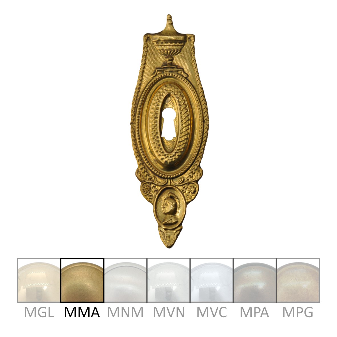 Möbelschild in Messing mit versch. Oberflächen erhältlich. 60x165 mm Bild1 Klassizismus Möbelschild geprägt Messing MMA 60x165mm mit Schlüsselloch Serie KL050 Bild1