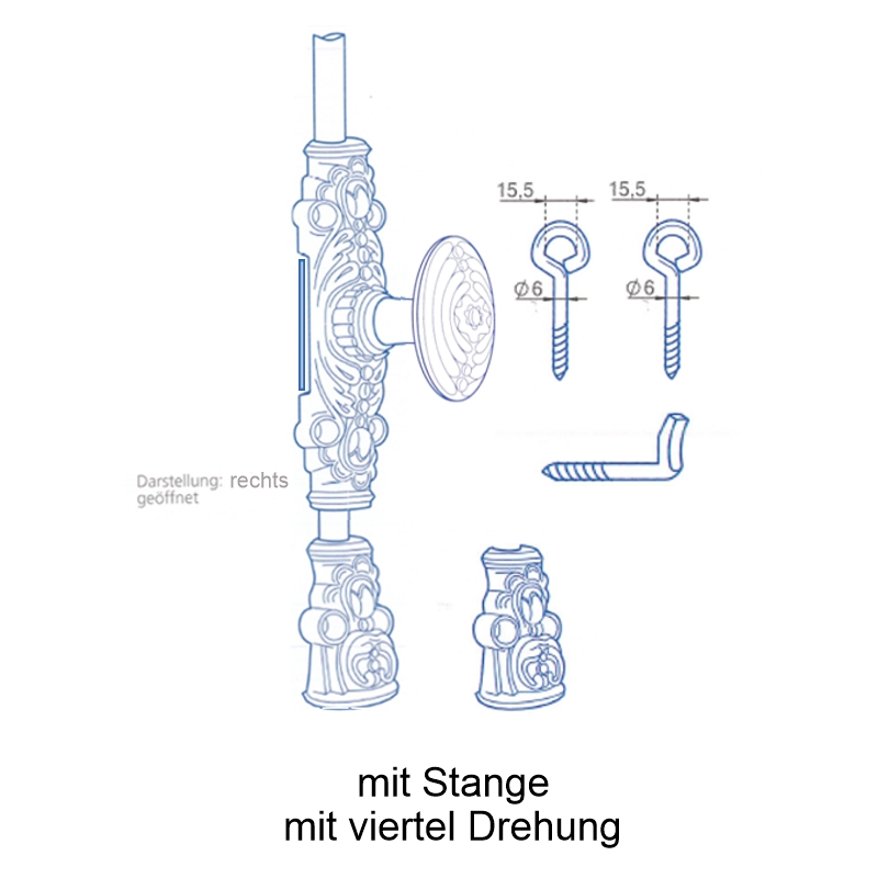 Fensterschubstange mit Zunge, für rechten Flügel, mit Zubehör und Stange Serie FS007 Bild1