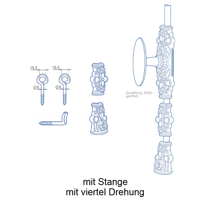 Fensterschubstange mit Zunge (links), mit Zubehör und Stange Serie FS008 Bild1