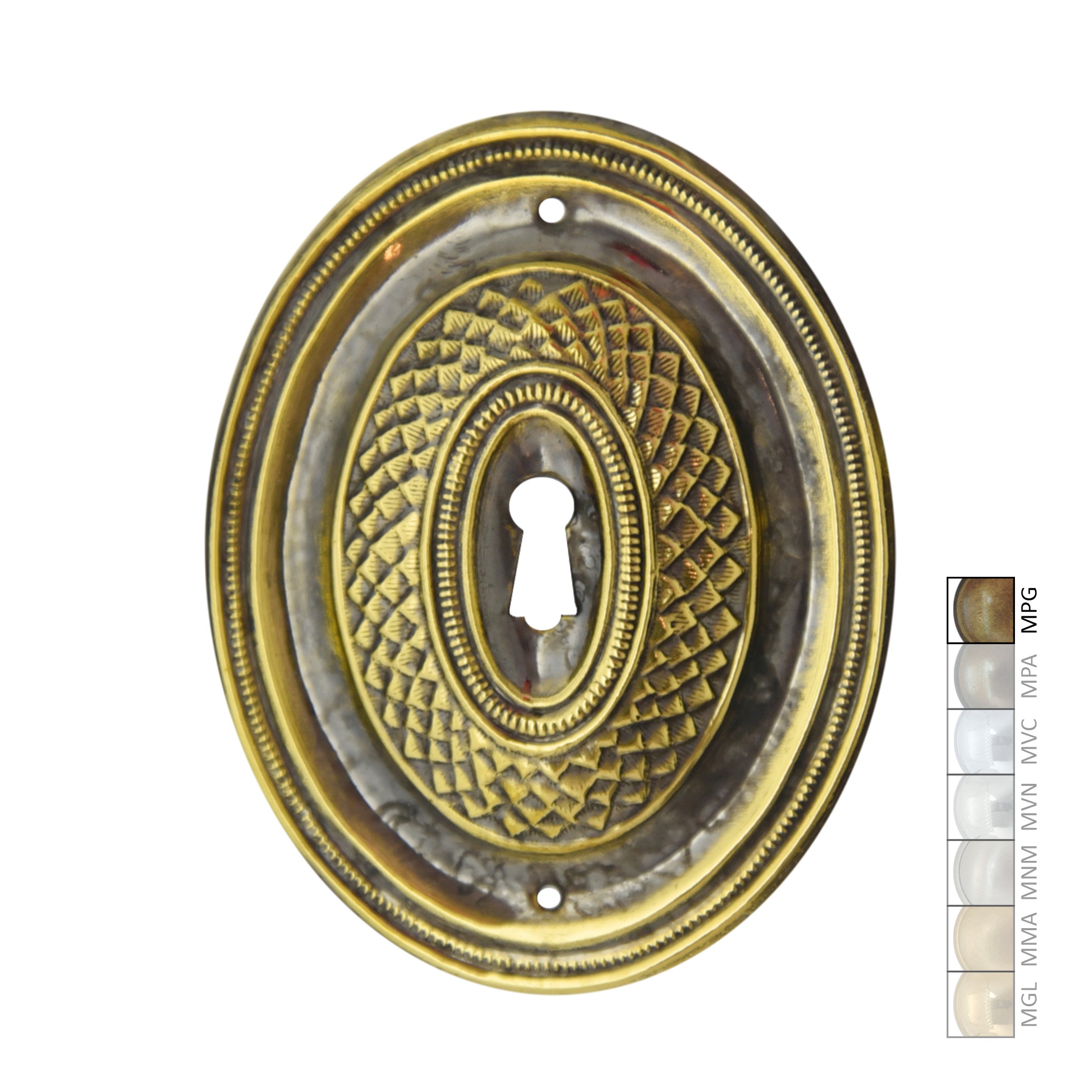 Klassizismus Möbelschild in Messing patiniert &geputzt. 88 x 70 mm  Bild1 Klassizismus Möbelschild geprägt Messing MPG 88x70mm mit Schlüsselloch Serie KL108 Bild1