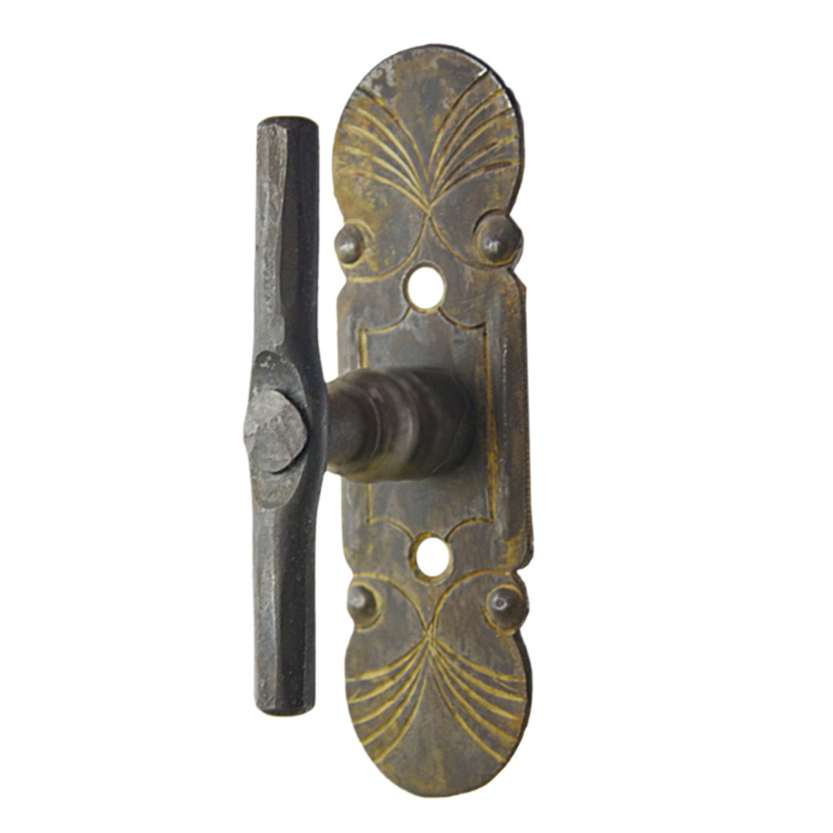 Fensterolive auf Rosette in Eisen gerostet Grifflänge 90mm Serie FG069 Bild1