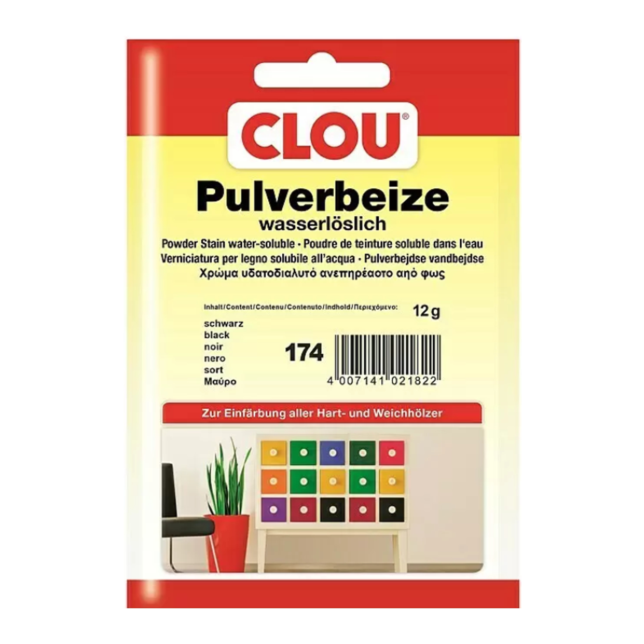 Clou Holzbeize Pulverbeize Farbton schwarz 12g. Geeignet für alle Holzarten Bild1 Pulverbeize wasserlöslich, schwarz Serie BE001 Bild1
