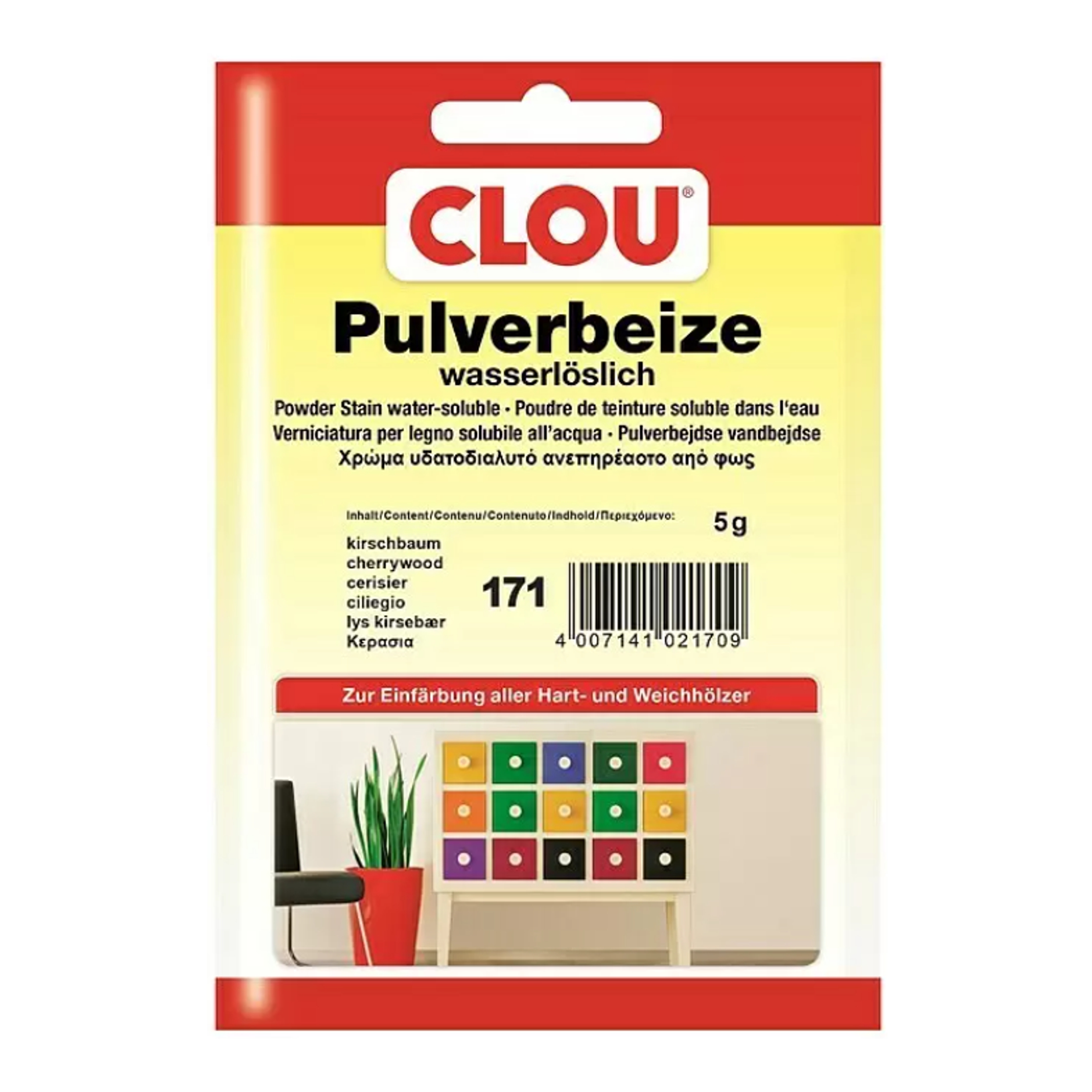 Clou Holzbeize Pulverbeize Farbton Kirschbaum 5g. Geeignet für alle Holzarten Bild1 Pulverbeize wasserlöslich, Kirschbaum Serie BE001 Bild1