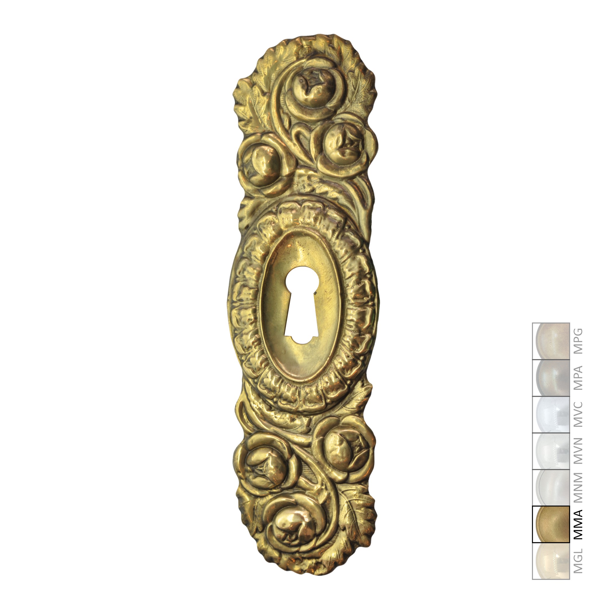 Möbelschild in Messing mit versch. Oberflächen erhältlich. 47x160 mm Bild1 Klassizismus Möbelschild geprägt Messing MMA 47x160mm mit Schlüsselloch Serie KL059 Bild1