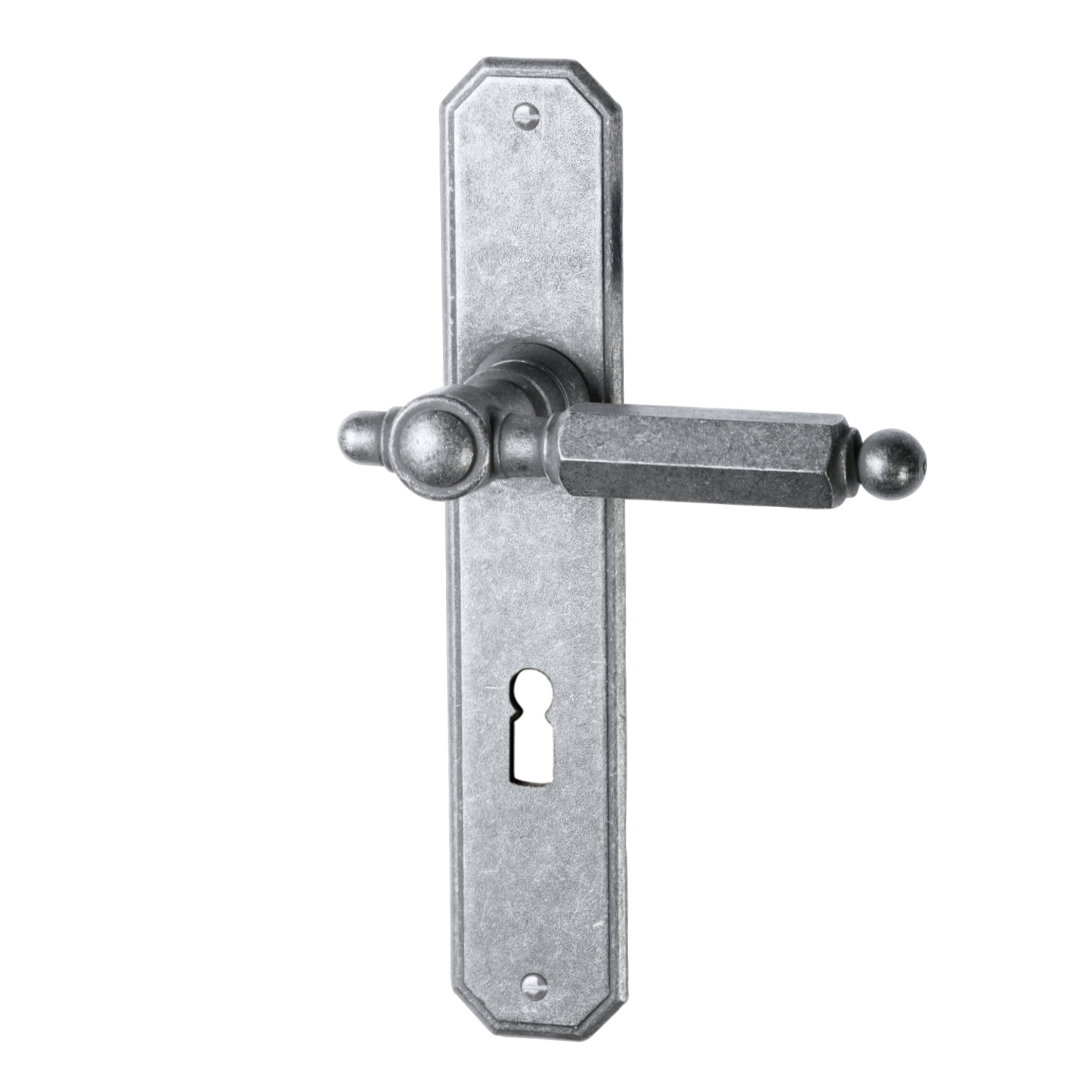 Zimmertürgarnitur in Eisen thermopatiniert ® (BB). Dist. 72 mm, 230x44 mm Bild1 Zimmertürgarnitur in Schmiedeeisen thermopatiniert ® BB 72 mit TD060 Serie TG522 Bild1