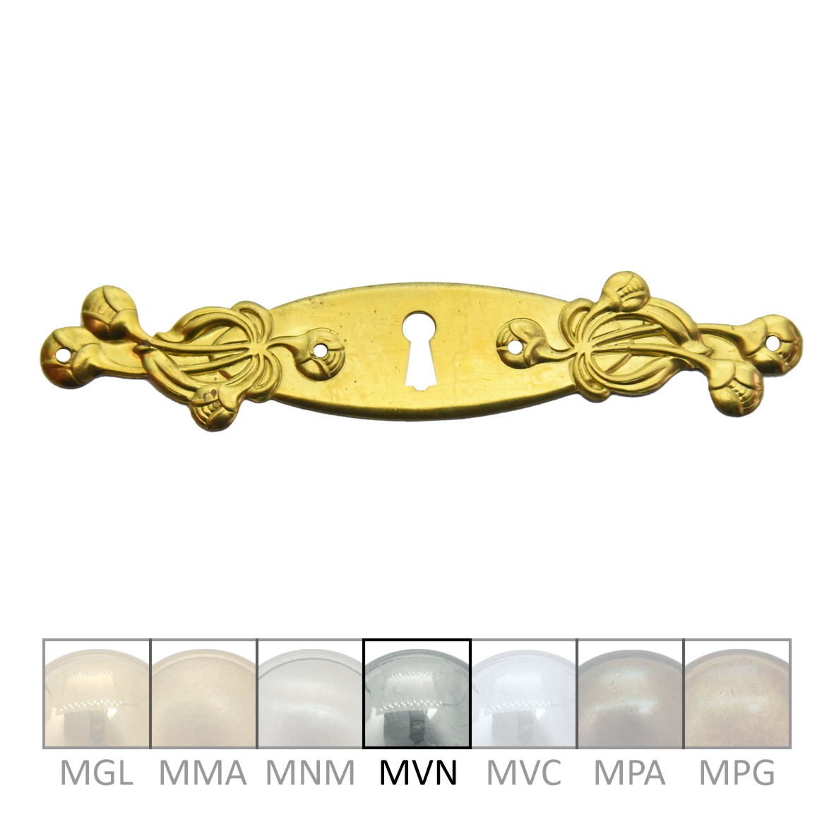 Jugendstil Möbelschild geprägt Messing MVN 125 x 24mm mit Schlüsselloch Serie JU034 Bild1
