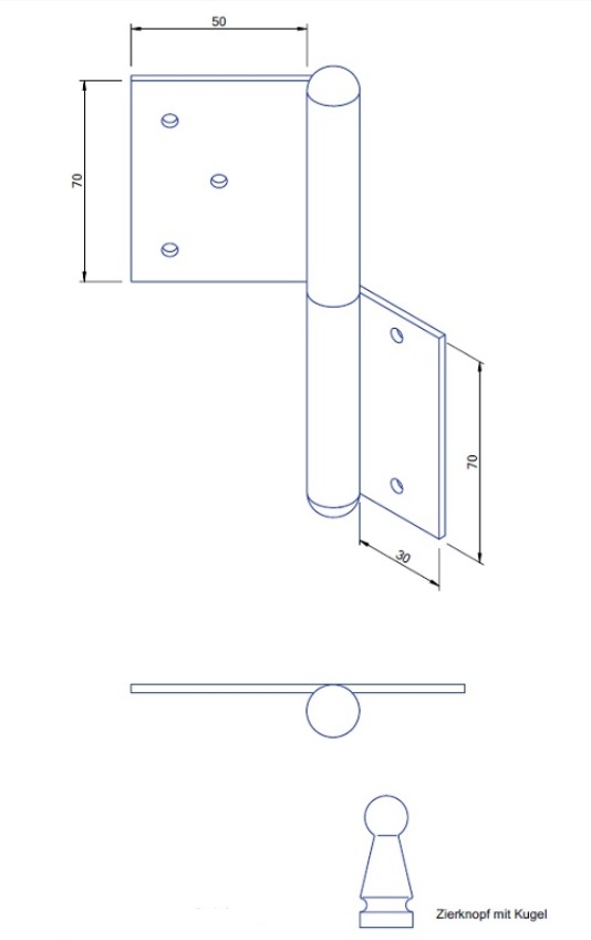 Einstemmband fester Stift 140mm links mit Zierkugel Eisen verzinkt Serie TB013 Bild1