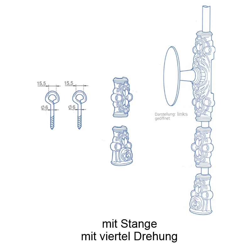 Fensterschubstange ohne Zunge (links), mit zubehör und Stange Serie FS008 Bild1