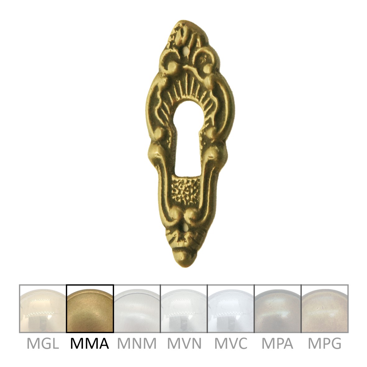 Rokoko Schlüsselschild Hochkant mit Schlüsselloch, Messing matt, 20 x 55 mm der Serie RK012 Bild1 Schlüsselschild im Rokoko-Stil RK012-102B-MMA-20-55 Bild1