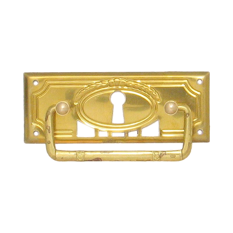 Jugendstil Möbelschild geprägt - Messing matt - 85 x 33 mm der Serie JU006 Bild1 Jugendstil Möbelschild geprägt Messing MMA 85 x 33mm mit Griff und Schlüsselloch Serie JU006 Bild1