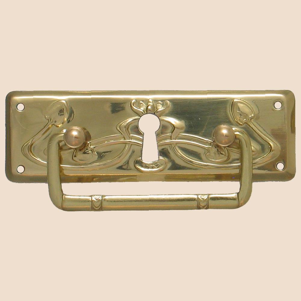 Jugendstil Möbelschild geprägt Messing MGL 95 x 30mm mit Griff und Schlüsselloch Serie JU012 Bild1