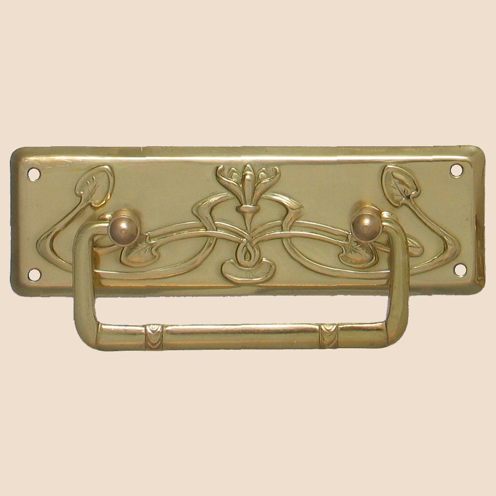 Jugendstil Möbelschild geprägt Messing MGL 95 x 30mm mit Griff Serie JU012 Bild1