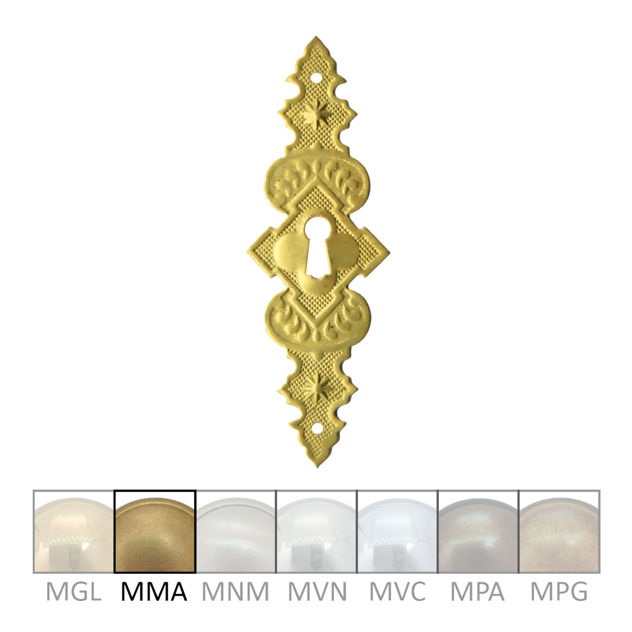 Möbelschild in Messing mit versch. Maße, Oberflächen und Ausführungen Bild1 Historismus Möbelschild geprägt Messing MMA 31 x 92mm mit Schlüsselloch Serie HI022 Bild1