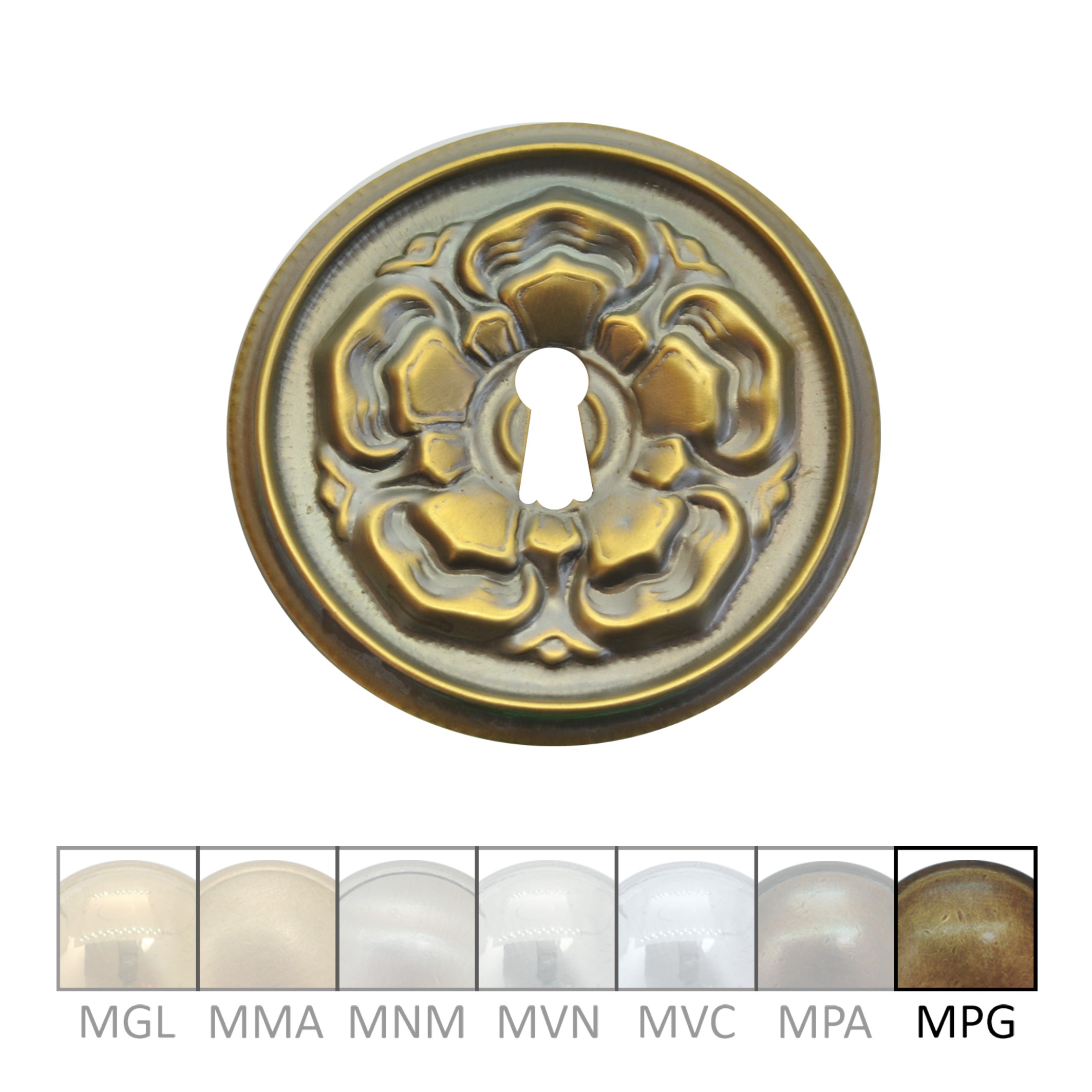 Möbelschild in Messing mit versch. Oberflächen und Ausführungen. D Klassizismus Möbelschild geprägt Messing MPG D80mm Schlüsselloch Serie KL095 Bild1
