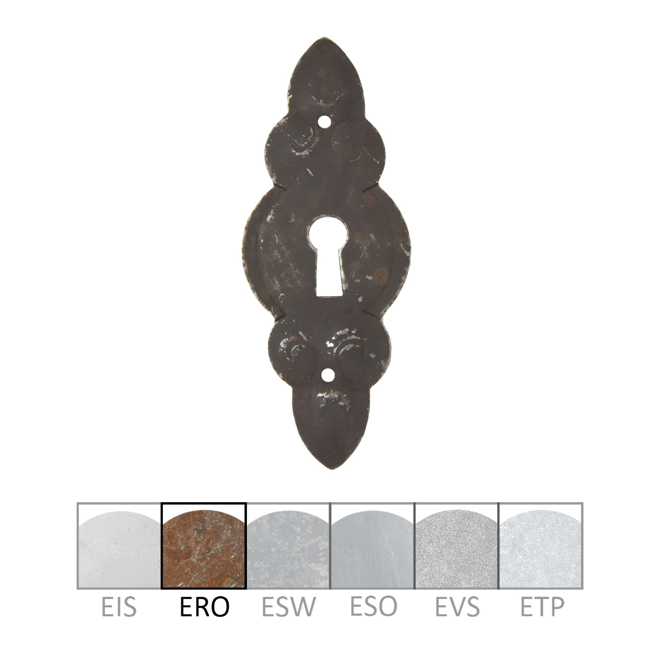 Barock Schlüsselschild 36 x 90mm mit Schlüsselloch, Eisen rostig Serie BA024 Bild1