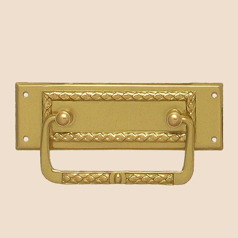 Jugendstil Möbelschild geprägt Messing MPG 94 x 30mm mit Griff Serie JU014 Bild1