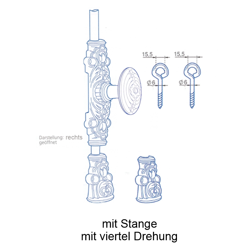 Fensterschubstange ohne Zunge, für rechten Flügel, mit zubehör und Stange Serie FS007 Bild1