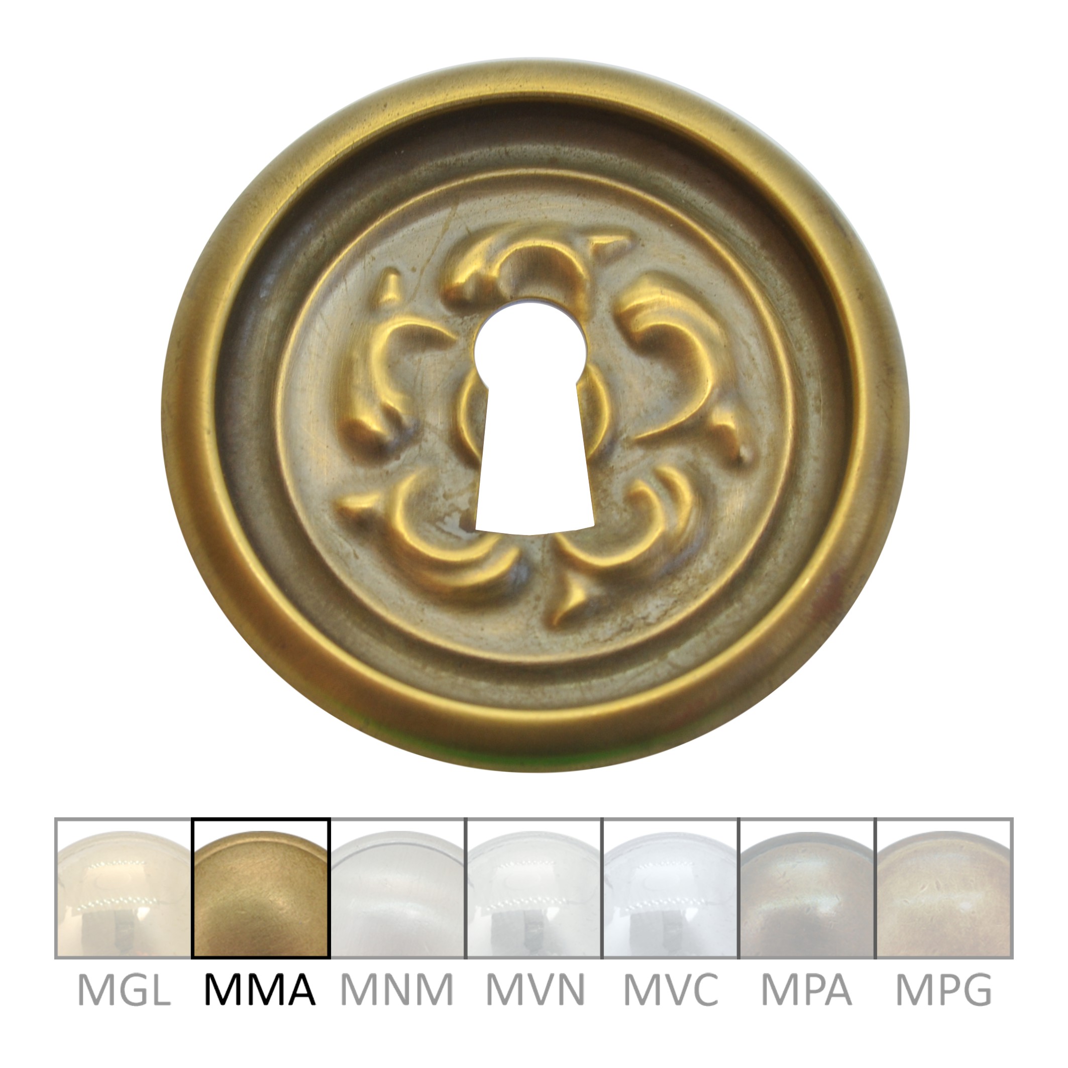 Möbelschild in Messing mit versch. Oberflächen und Ausführungen. D Klassizismus Möbelschild geprägt Messing MMA D70mm Schlüsselloch Serie KL092 Bild1