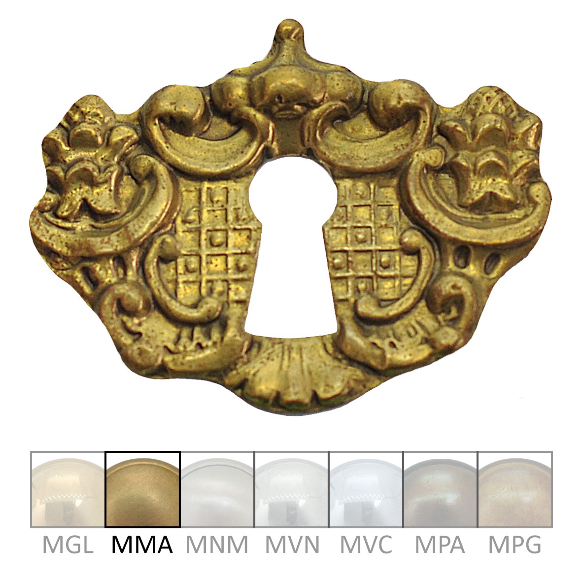 Klassizismus Möbelschild geprägt Messing MMA 47x35mm mit Schlüsselloch Serie KL074 Bild1