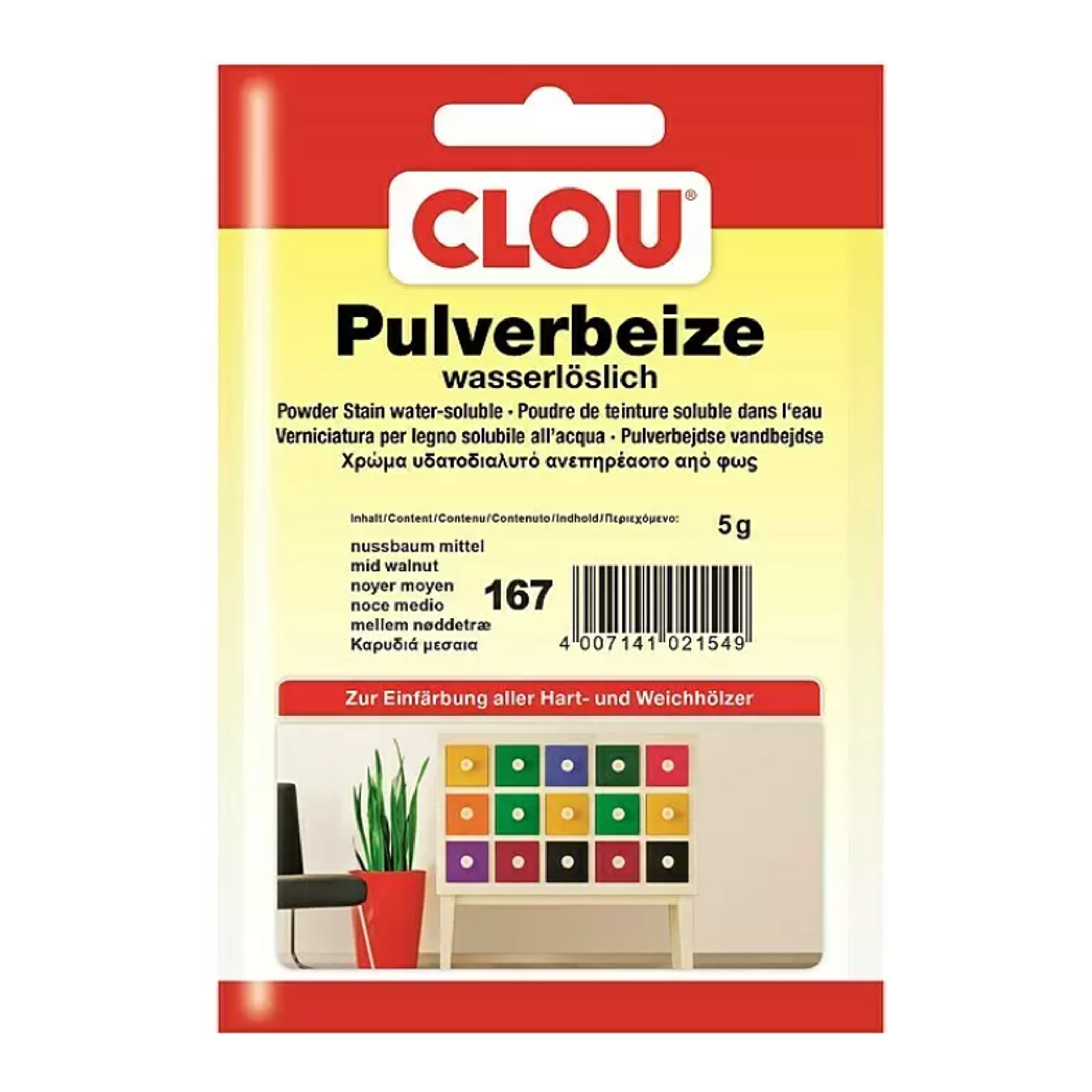 Clou Holzbeize Pulverbeize Farbton Nussbaum mittel 5g. Geeignet für alle Holzarten Bild1 Pulverbeize wasserlöslich, Nussbaum mittel Serie BE001 Bild1