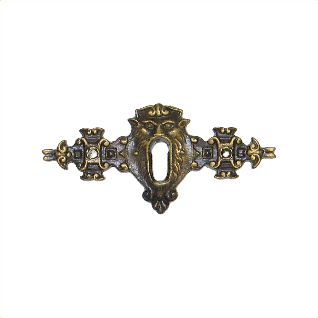 Historismus Möbelschild gegossen - Messing patiniert & geputzt - 88 x 42 mm der Serie HI003 Bild1 Historismus Möbelschild gegossen Messing MPG 88 x 42mm mit Schlüsselloch Serie HI003 Bild1