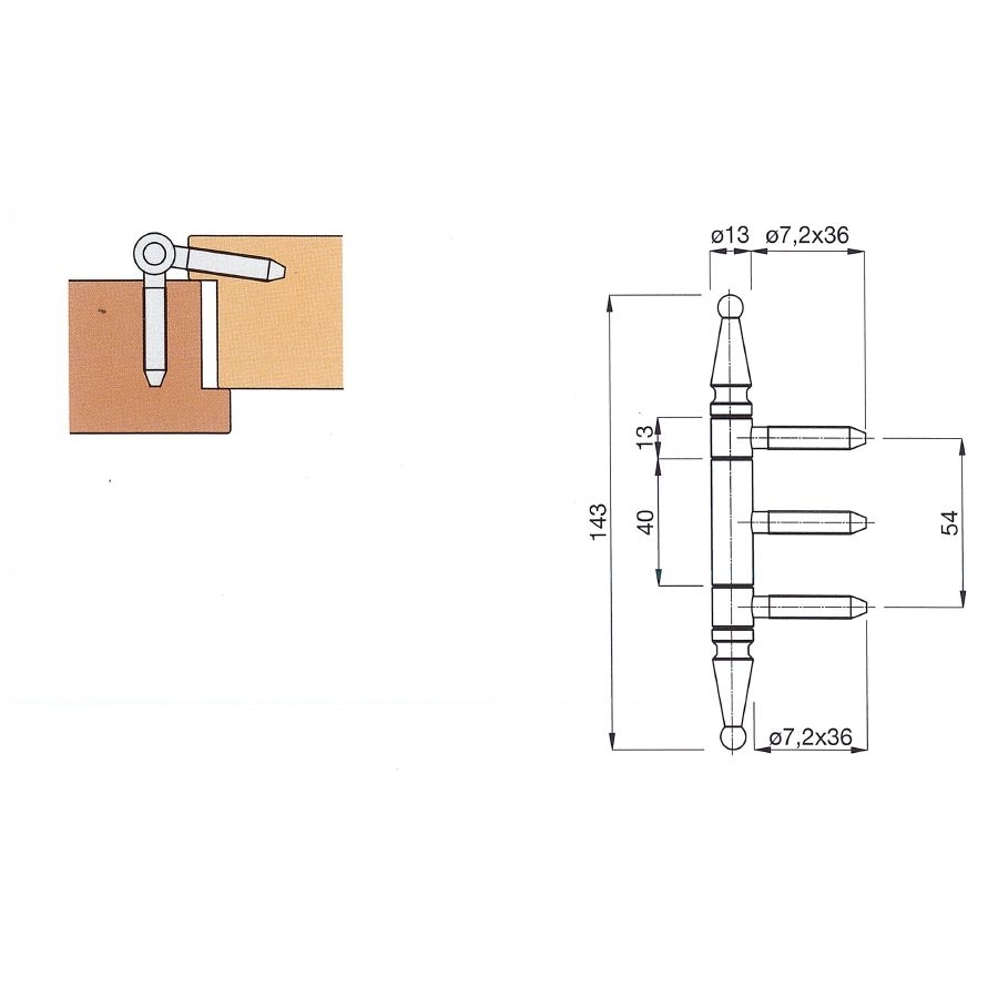 Einbohrband 3-teilig 143 x 13 Eisen schwarzverzinkt gebürstet mit Zierkopf Kugel Serie EB001 Bild2