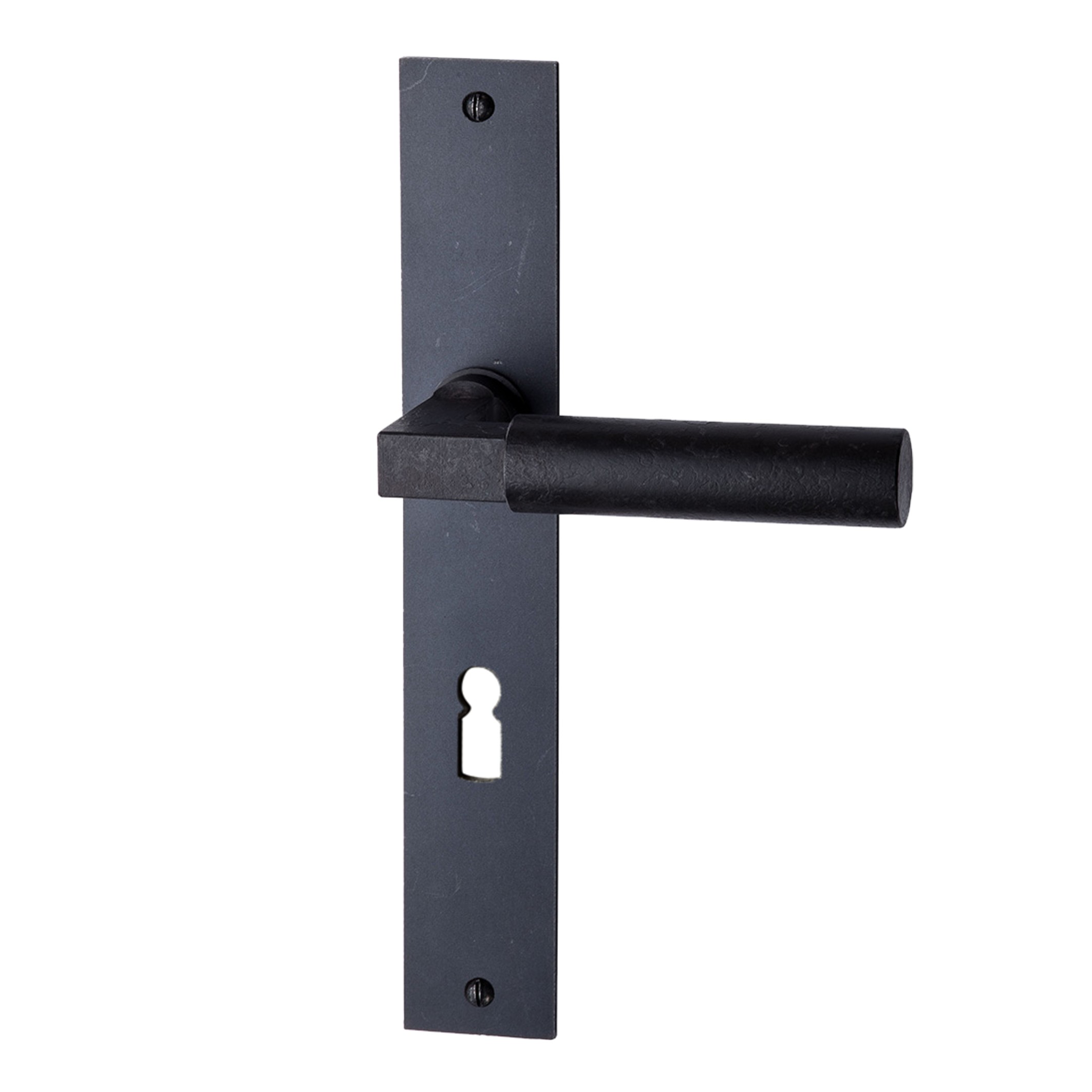 Zimmertürgarnitur in Eisen schwarz gebrannt undgewachst (BB). Dist. 72 mm, 237x38 mm Bild1 Zimmertürgarnitur in Eisen Schwarz gebrannt & gewachst BB 72 mit TD041 Serie TG505 Bild1