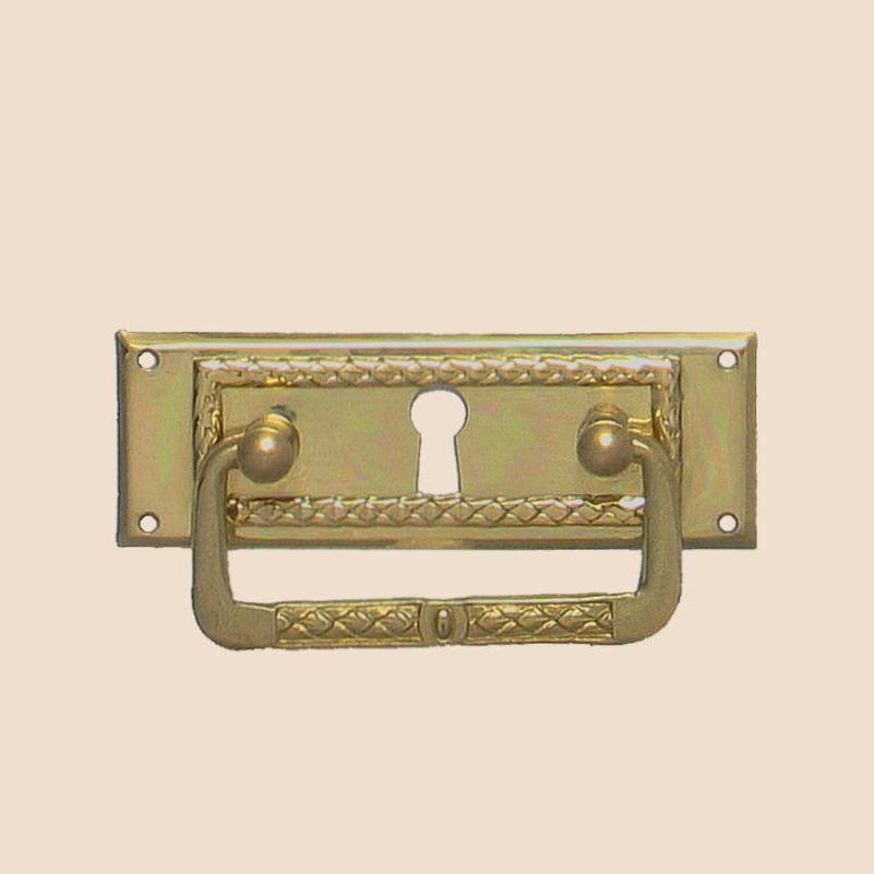 Jugendstil Möbelschild geprägt Messing MGL 79 x 27mm mit Griff und Schlüsselloch Serie JU014 Bild1