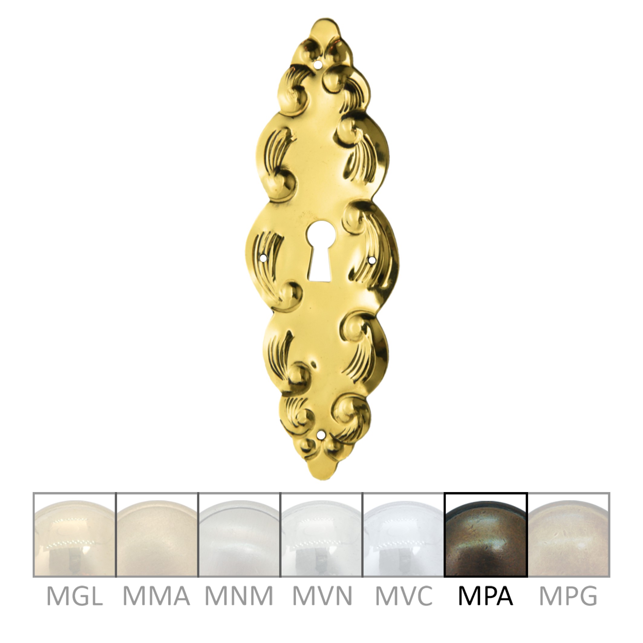 Schlüsselschild Hochkant mit Schlüsselloch, Messing patiniert, 45 x 135 mm der Serie BA027 Bild1 Barock Schlüsselschild 45 x 135mm mit Schlüsselloch, Messing MPA Serie BA027 Bild1