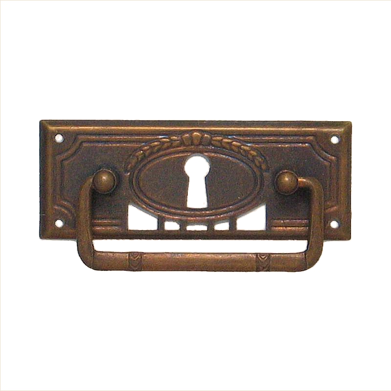 Jugendstil Möbelschild geprägt Messing MPA 85 x 33mm mit Griff und Schlüsselloch Serie JU006 Bild1