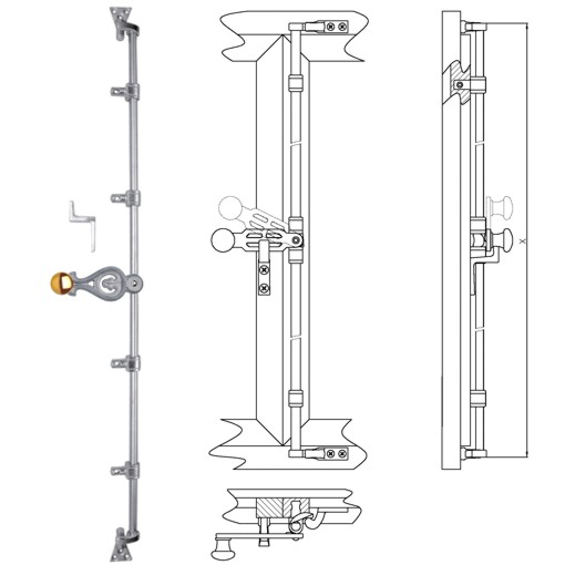 Schweriner Fensterdrehstange 2flg einwärts 1000mm, re Messing MGL Serie FD007 Bild1