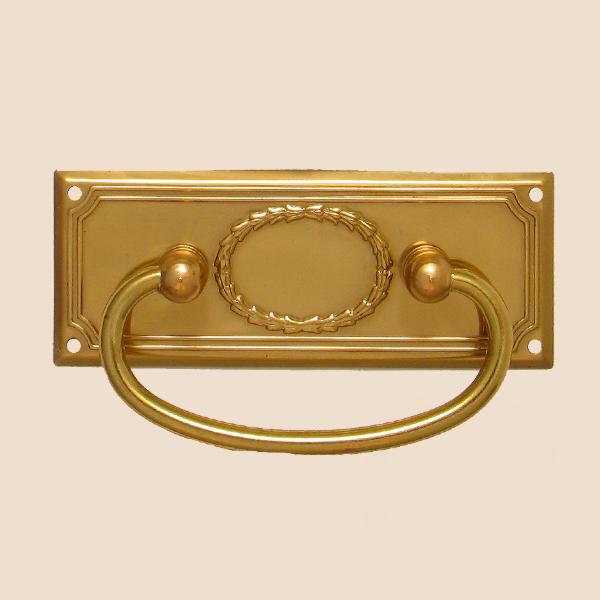 Jugendstil Möbelschild geprägt Messing MPG 100 x 38mm mit Griff oval Serie JU103 Bild1